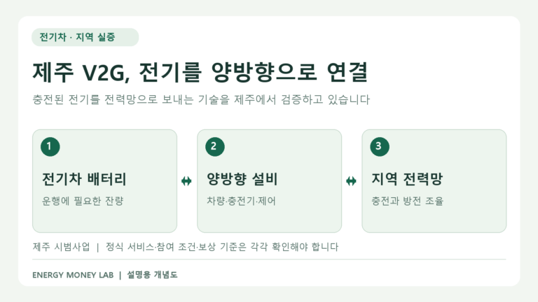 전기차 배터리와 양방향 충전설비, 지역 전력망 사이의 충전과 방전 흐름